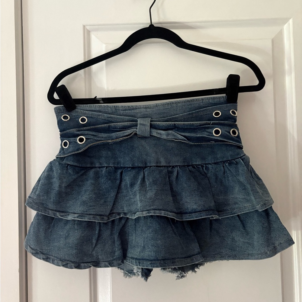 Denim Tiered Mini Skirt with Bow